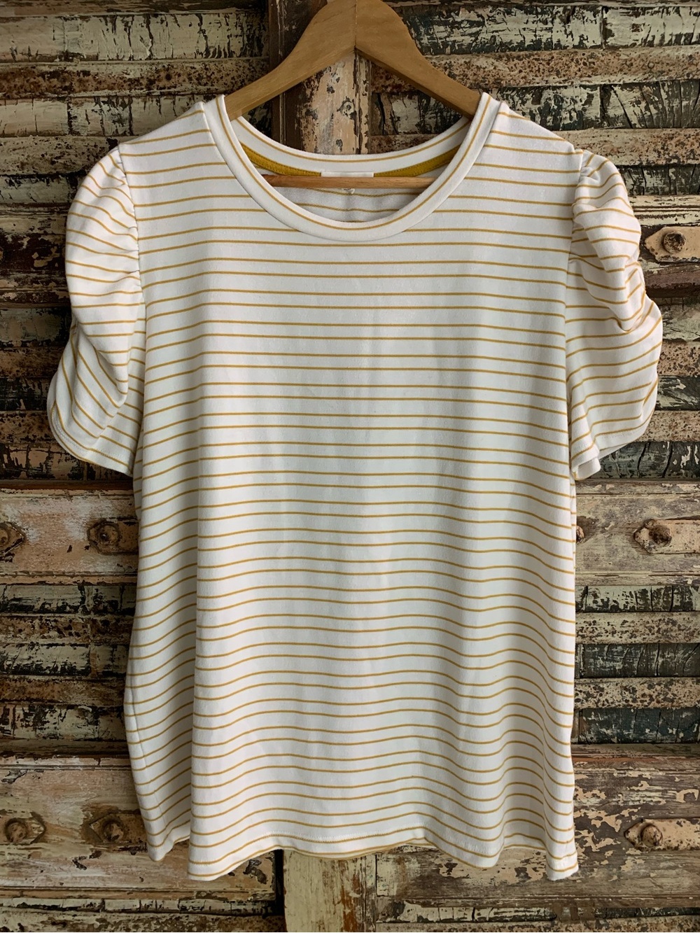 Pleione Anthropologie Women's Cream and Yellow Striped Puff Sleeve Soft Top, XL